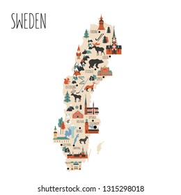 Sweden cartoon vector travel map, Swedish landmark flat building, City Hall of Stockholm, Synagogue of Malmoe, Water tower of Orebro, Church of Christina of Gotenborg, Uppsala Cathedral, Kalmar castle