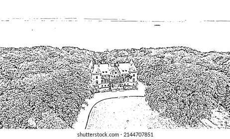 Sweden. Castle on the banks of the Oresund Strait. Doodle sketch style. Aerial view