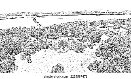 Sweden. Castle on the banks of the Oresund Strait. Doodle sketch style. Aerial view