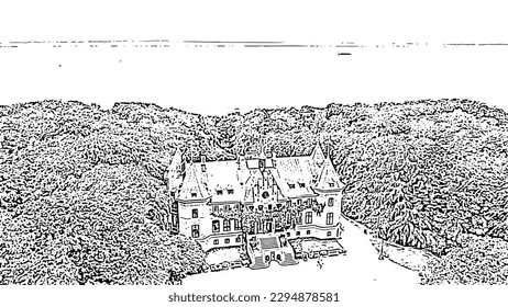 Sweden. Castle on the banks of the Oresund Strait. Doodle sketch style. Aerial view
