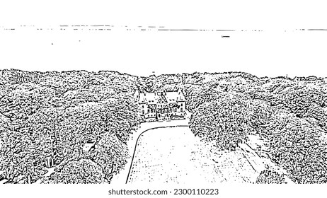 Sweden. Castle on the banks of the Oresund Strait. Doodle sketch style. Aerial view
