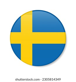 Sweden circle button icon. Swedish round badge flag with shadow. 3D realistic vector illustration isolated on white.