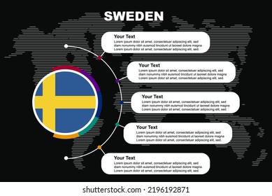 Schweden zirkulieren Infografik mit Informationstext-Leerzeichen, schwarzer Hintergrund mit Weltkarte, Schwedenkreis-Länderflagge, Präsentationsgrafik-Idee, Info- und Datenvorlage für Länder