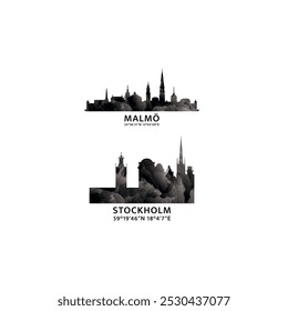 Sweden cities logo and icon set. Vector graphic collection for Stockholm, Malmo. Skyline, panoramic emblems