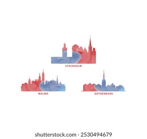 Suécia cidades skyline vetor logotipo, conjunto de ícones. Toalha plana Estocolmo, Gotemburgo, Malmo silhueta. Coleção gráfica isolada