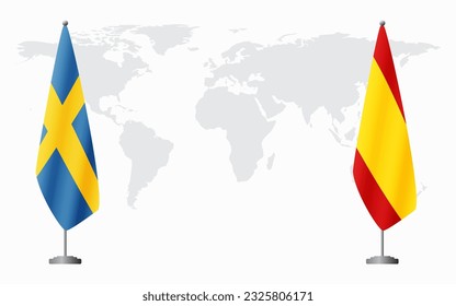 Sweden and civil Spain flags for official meeting against background of world map.