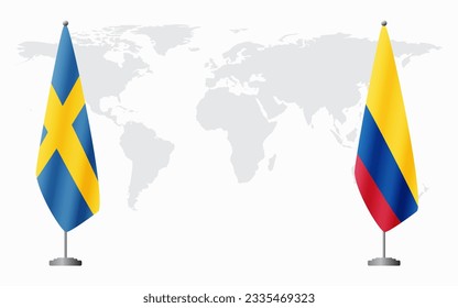 Banderas de Suecia y Colombia para una reunión oficial en el fondo del mapa mundial.