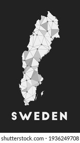 Schweden - Landkarte des Kommunikationsnetzes. Schweden trendige geometrische Gestaltung auf dunklem Hintergrund. Technologie, Internet, Netzwerk, Telekommunikationskonzept. Vektorgrafik.