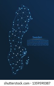 Sweden communication network map. Vector low poly image of a global map with lights in the form of cities in or population density consisting of points and shapes in the form of stars and space.