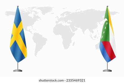 Sweden and Comoros flags for official meeting against background of world map.