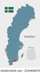 Sweden country - high detailed illustration map divided on regions. Blank Sweden map isolated on white background. Vector template state Blekinge for website, pattern, infographic