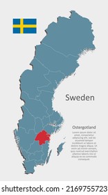 Sweden country - high detailed illustration map divided on regions. Blank Sweden map isolated on white background. Vector template Ostergotland region for website, pattern, infographic