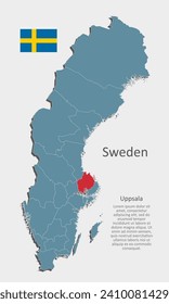 Sweden country - high detailed illustration map divided on regions. Blank Sweden map isolated on background. Vector template Uppsala region for website, pattern, infographic, education