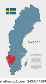 Sweden country - high detailed illustration map divided on regions. Blank Sweden map isolated on background. Vector template Vastra Gotaland region for website, pattern, infographic, education