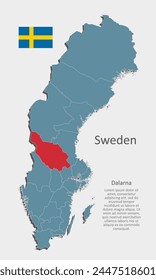 Schweden Land - detaillierte Karte nach Regionen aufgeteilt. Leere Schweden Karte isoliert auf Hintergrund. Vektorgrafik Vorlage Dalarna Region für Website, Muster, Infografik, Bildung