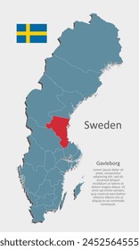 Sweden country - high detailed illustration map divided on regions. Blank Sweden map isolated on background. Vector template Gavleborg region for website, pattern, infographic, education