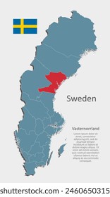 Schweden Land - detaillierte Karte nach Regionen aufgeteilt. Leere Schweden Karte isoliert auf Hintergrund. Vektorgrafik Vorlage Vasternorrland Region für Website, Muster, Infografik, Bildung