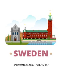 Sweden country magnet design template. Flat cartoon style historic sight showplace web site vector illustration. World vacation travel sightseeing Europe European collection. Lund Cathedral City Hall.