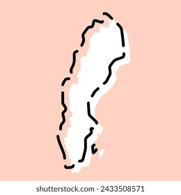 Sweden country simplified map. White silhouette with black broken contour on pink background. Simple vector icon