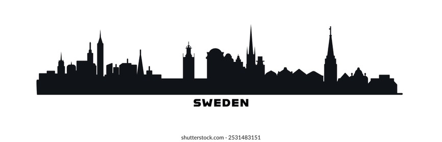 Sweden country skyline with cities panorama. Vector flat banner, logo. Stockholm, Malmo, Gothenburg silhouette for footer, steamer, header. Isolated graphic