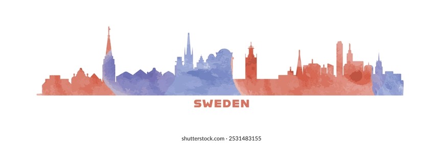 Sweden country skyline with cities panorama, watercolor style. Vector flat banner, logo. Stockholm, Gothenburg, Malmo silhouette for footer, steamer, header. Isolated graphic