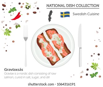 Sweden Cuisine. European national dish collection. Raw salmon sandwich isolated on white, infographic. Vector illustration