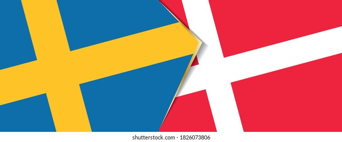 Sweden and Denmark flags, two vector flags symbol of relationship or confrontation.