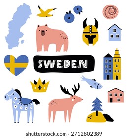 Diseño de Suecia con conjunto de iconos. Símbolos suecos lindos, Elementos de Naturaleza y Vector de mapa para pegatinas, estampados, Diseños de viaje