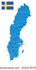 Sweden - detailed blue country map with cities and regions. Vector illustration.