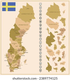 Sweden - detailed map of the country in brown colors, divided into regions. Vector illustration