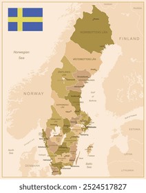 Sweden - detailed map of the country in brown colors, divided into regions. Vector illustration