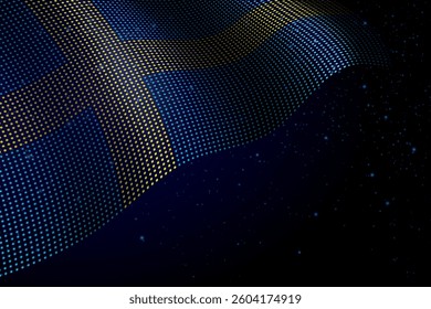 Sweden digital flag made of dots, waving over a starry dark background