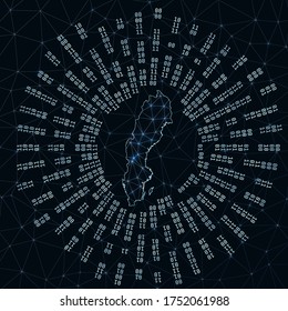 Sweden digital map. Binary rays radiating around glowing country. Internet connections and data exchange design. Vector illustration.