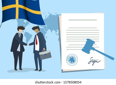 Sweden Diplomacy negotiation. Business relationship agreement handshake. Country flag and map. Corporate Global business investment. Vector
