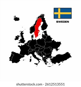 Sweden Displayed on Europe Map with Flag