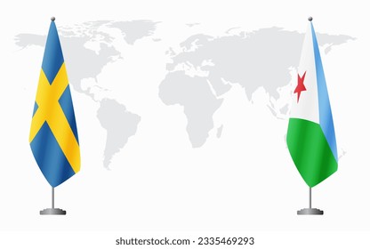 Sweden and Djibouti flags for official meeting against background of world map.