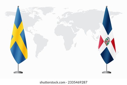 Sweden and Dominican flags for official meeting against background of world map.