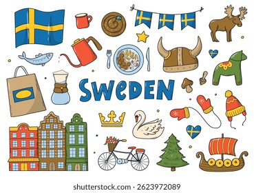 Sweden doodles collection, cartoon elements set for stickers, posters, cards, planners, etc. EPS 10