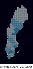 Sweden dotted map. Digital style map of the country on dark background. Sweden shape with circle dots. Colored dots style. Small size circles. Plain vector illustration.