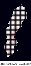 Sweden dotted map. Digital style map of the country on a dark background. Sweden shape with square dots. Colored dots style. Large size squares. Vibrant vector illustration.