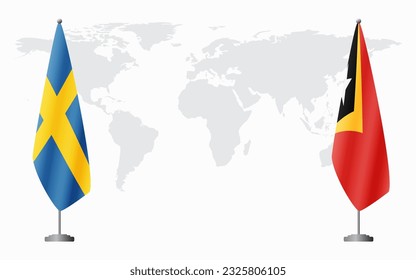 Sweden and East Timor flags for official meeting against background of world map.