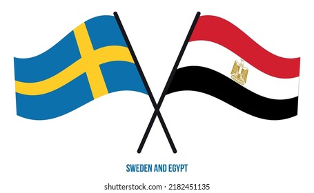 Schweden und Ägypten Flaggen überquert und schwingen Flat Style. Offizieller Anteil. Korrigieren Sie Farben.