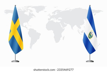 Sweden and El Salvador flags for official meeting against background of world map.