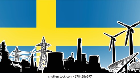 Sweden energy production vector with sun power, wind generators, atomic and coal power plants and electric lines on poles
