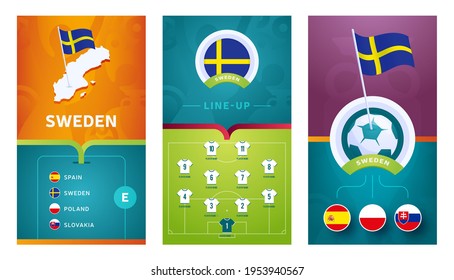 sweden European 2020 football vertical banner set for social media. euro 2020 Sweden group E banner with isometric map, pin flag, match schedule and line-up on soccer field