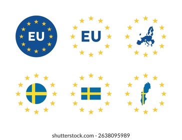 Sweden and European Union icons set, swedish and eu flags symbol