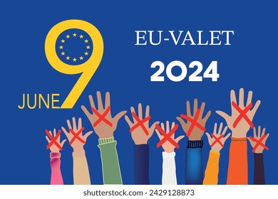 Sweden EU-VALET. European elections 2024 in language Swedish. People raising hands. Cross check marks and European Flag Background with Stars. flat vector illustration.