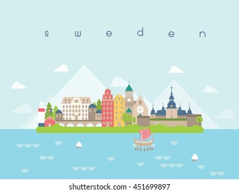 Sweden Famous Landmarks Infographic Templates for Traveling Minimal Style and Icon, Symbol Set Vector Illustration Can be use for Poster Travel book, Postcard, Billboard.