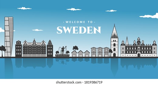 Sweden Famous Landmarks. Templates for Traveling Minimal Style and Icon, Symbol Set Vector Illustration Can be use for Poster Travel book, Postcard, Billboard.