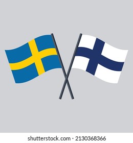Sweden and Finland flag on stick crossed. Vector icon flat design.